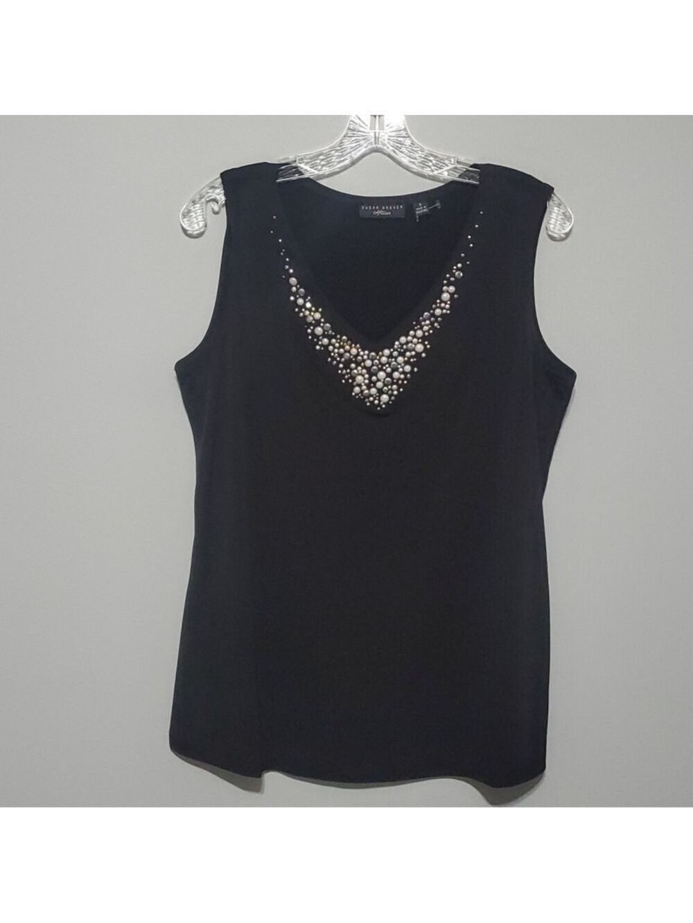 Susan Graver top women's size small jewels artistan black top blouse embellished